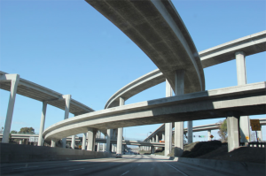 Multiple raised freeways, representing transportation infrastructure.