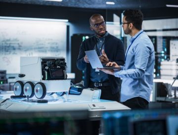 Engineers developing transportation tools in a research facility 