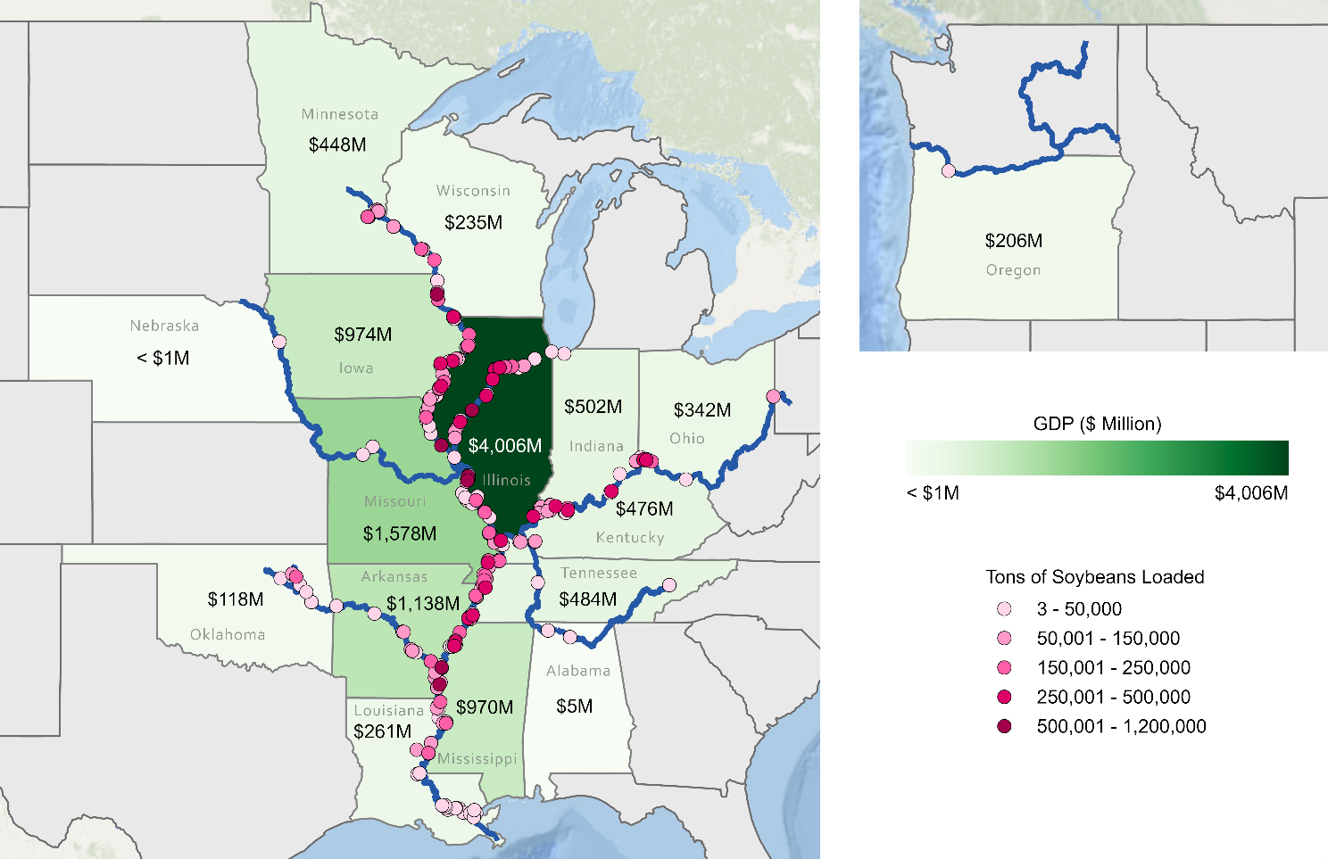 Map showing outgoing soybean shipment volumes