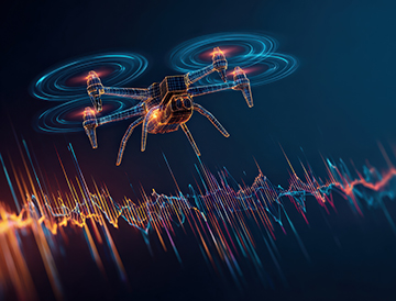 A futuristic drone hovers above a vibrant, glowing sound wave, symbolizing advanced technology and audio innovation