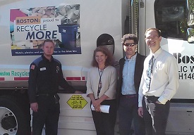 Rob Pardo (Boston DPW) and Volpe staff stand in front of a truck with a side guard. Rob Pardo (Boston DPW) and Volpe staff stand in front of a truck with a side guard.