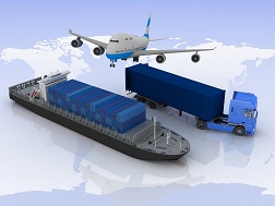 Concept image depicting types of transport: plane, truck, and ship.
