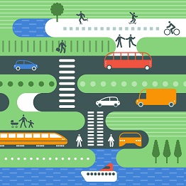 An illustration showing pedestrians accessing and moving around multiple different modes of transportation.