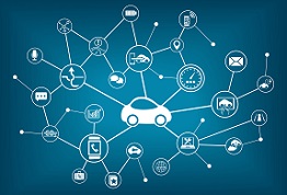 Illustration depicting a connected vehicle with spokes leading out to an elaborate web of technologies.