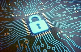 A graphic of a lock with a circuit board underneath, depicting cybersecurity.
