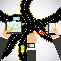 A graphic of business people holding various devices with GPS over a background of intersecting roads.