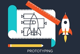 A concept image of prototyping, showing a drawing of a rocket ship next to an actual rocket ship.