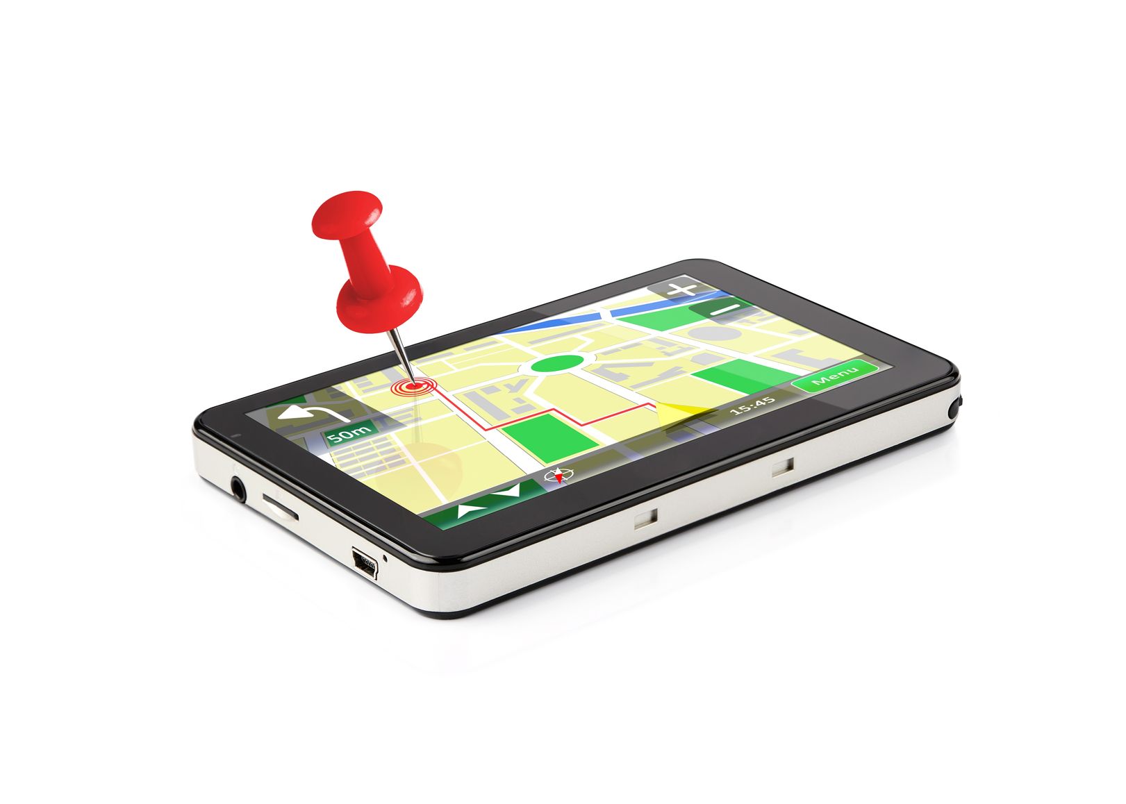 A pin stuck in a technological device showing a map. 