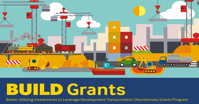 Illustration depicting multiple modes of transportation undergoing construction and improvements, including rail, freight, and roadways.