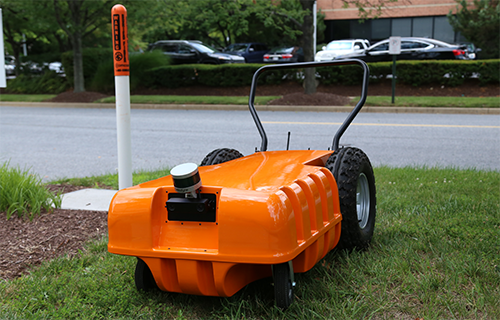 The Robotic Utility Mapping and Inspection System drives on 4 wheels and is equipped with a ground-penetrating radar, GPS receiver, stereo camera, and 3D LiDAR sensor.