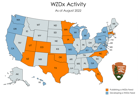 Work Zone Data Exchange state DOT feeds as of August 2022 (ITS JPO image)