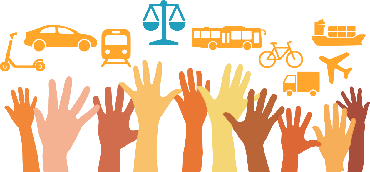 A graphic with several hands and modes of transportation represented
