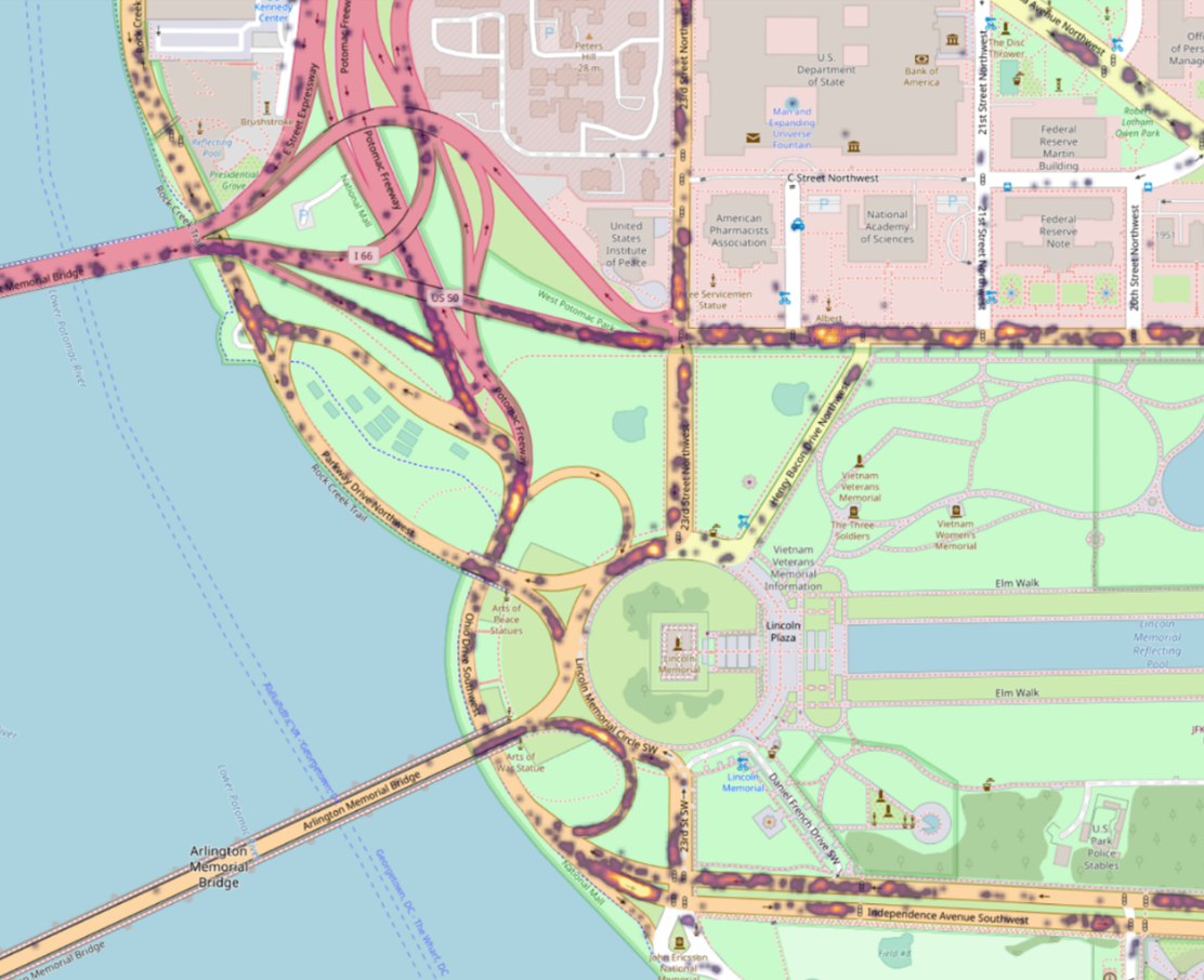 Heatmap of hard braking events around Lincoln Memorial Circle at National Mall, Washington, D.C. (NPS image)   