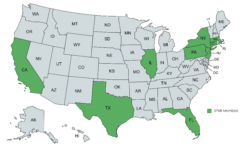 US map marked to show states with active SPUR stakeholders