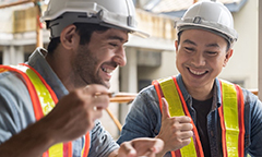 An image of two coworkers discussing a construction plan.