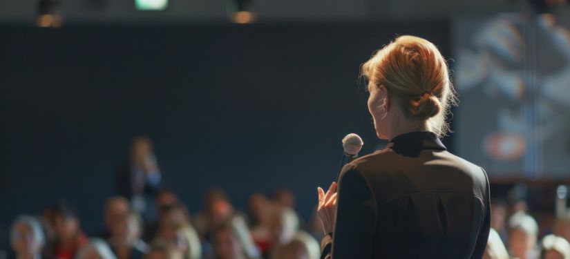 Keynote speaker with microphone in front of audience