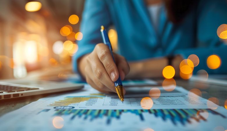 A businesswoman analyzes financial charts, focused on her work with a pen in hand.