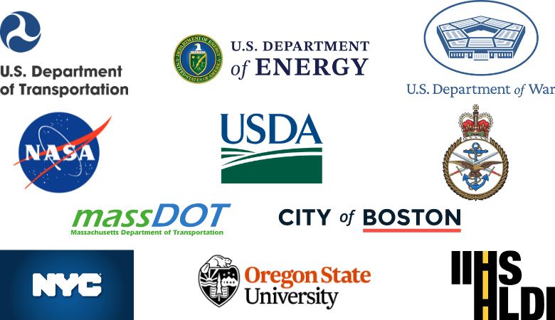 U.S. DOT, Department of Energy, Department of War, NASA, USDA, UK Ministry of Defence, MassDOT, City of Boston, NYC, Oregon State University, IIHS