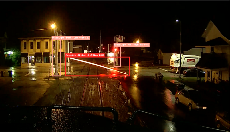 Image shows railroad crossing at night using AI to inspect its features. (Wi-Tronix photo)