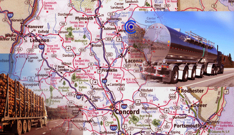 Graphic showing a variety of commercial motor vehicles overlaid onto a map of New Hampshire. Map courtesy of OnTheWorldMap.