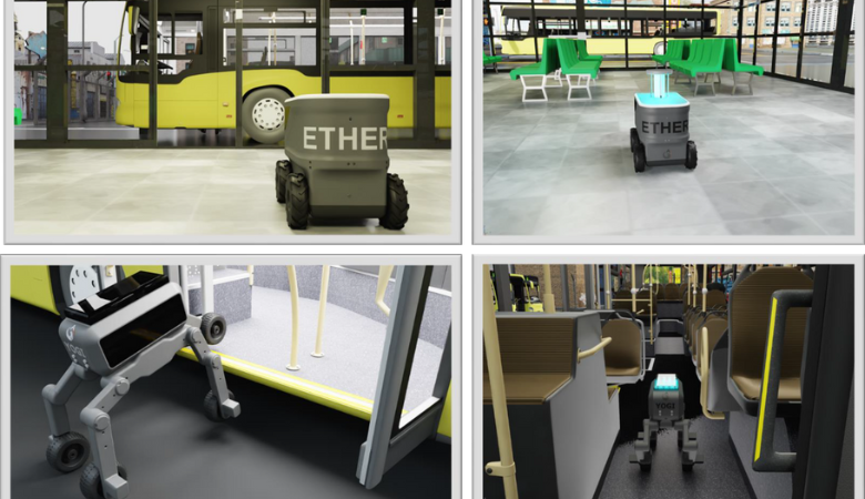Ether-Bot in a transit center in the top two frames. The bottom two frames show the Yogi-Bot stepping into a bus and maneuvering down the aisle.