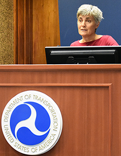 Robin Chase speaks from behind a podium at Volpe.