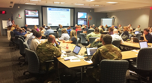 North Carolina State Emergency Operations Center (NC SEOC) team meeting about Hurricane Matthew. (Volpe photo) Meeting at the North Carolina State Emergency Operations Center