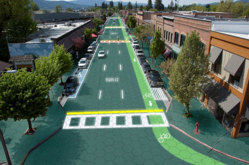 An artist's rendering of an everyday street where hexagonal solar panels have replaced traditional pavement.