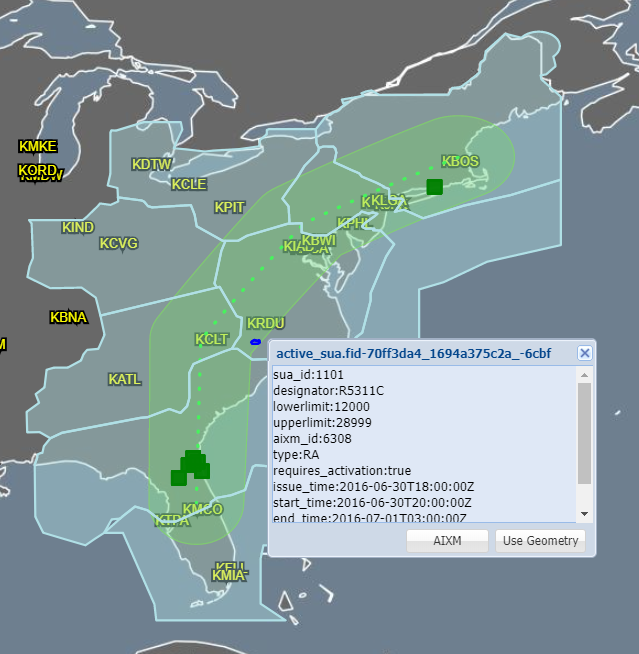 Screenshot of the NAS Common Reference interface showing data overlaid on a map of the U.S. East Coast.