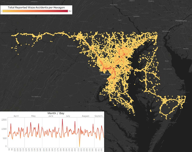 A map showing where accidents occurred in the Capital Beltway region. Dots are clustered along the Capital Beltway Region.