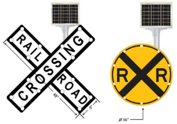 A diagram of two types of light-emitting diode railroad crossing warning signs.