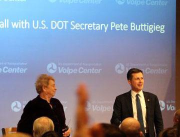 U.S. Secretary of Transportation Pete Buttigieg discusses the future of transportation at the U.S. DOT Volpe Center.