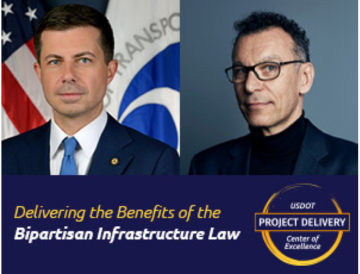 Speaker series graphic that says delivering the benefits of the Bipartisan Infrastructure Law
