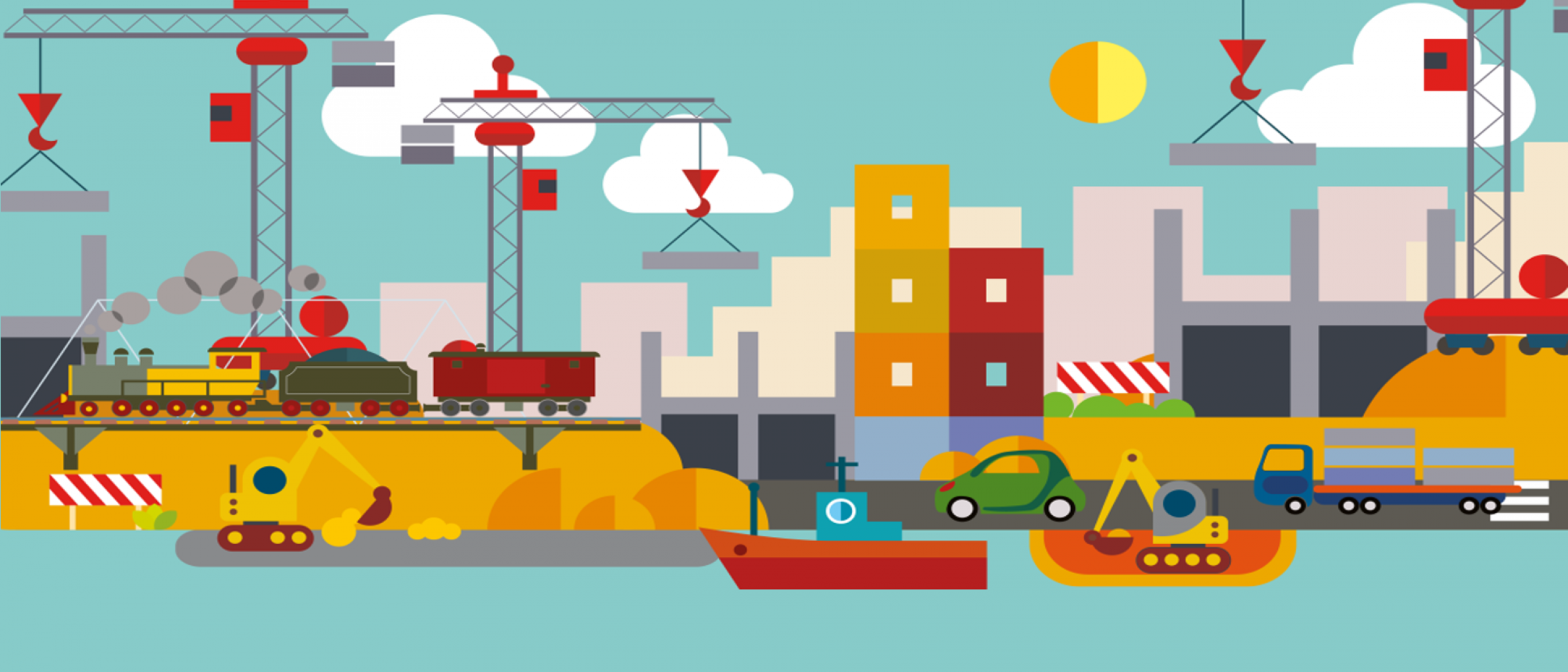 Illustration depicting multiple modes of transportation undergoing construction and improvements, including rail, freight, and roadways.