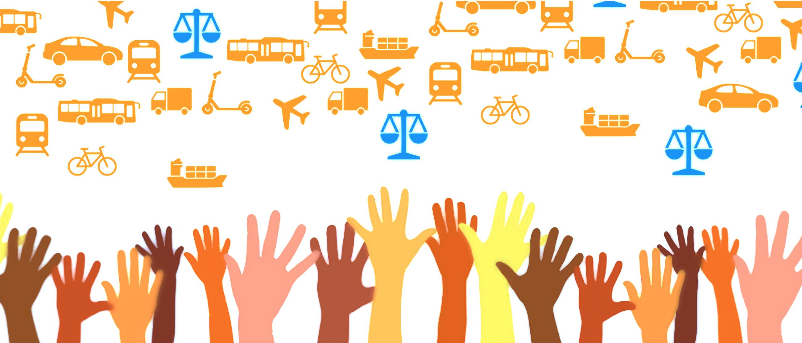 A graphic of hands and modes of transportation
