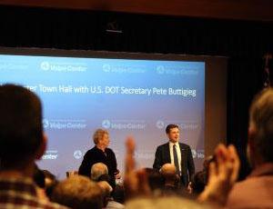 U.S. Secretary of Transportation Pete Buttigieg discusses the future of transportation at the U.S. DOT Volpe Center.