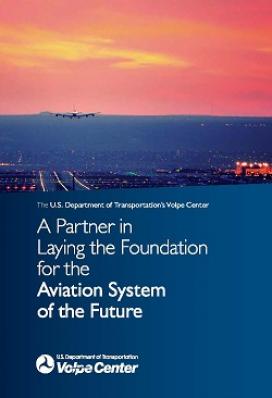 Cover of Volpe report on aviation showing an airplane landing against a setting sun