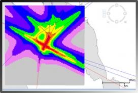 A screenshot of the AEDT modeling software showing noise impacts of several flights