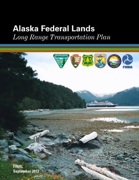 Alaska Federal Lands Collaborative Long Range Transportation Plan Image of a document cover with logos of different FLMAs and a mountainous scene.