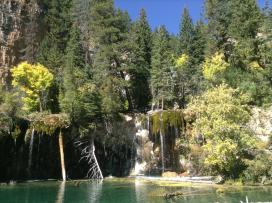 The water falls at Hanging Lake