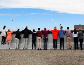 On the rooftop of the U.S. DOT Volpe Center in Cambridge. (Volpe photo) Group photo of Volpe student interns on the rooftop at the Volpe Center.