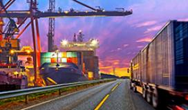 A tractor trailer and a large container ship are shown hauling freight.