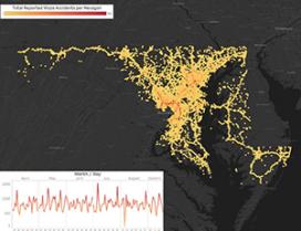 A map of Maryland with accidents visualized as yellow and orange dots.