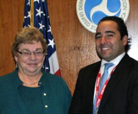 Anne Aylward, Volpe's Deputy Associate Administrator for Research and Innovation, with Eisenhower Fellow Felipe Targa.