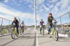 Photo of bicyclists using the Nice Ride Minnesota bicycle share. Photo of bicyclists using the Nice Ride Minnesota bicycle share.