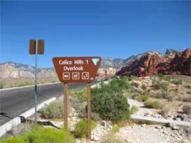 Road sign directing visitors to Calico Hills Overlook