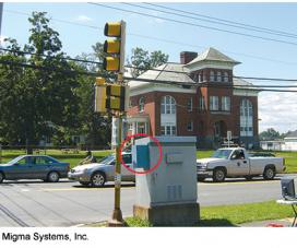 Migma Systems pedestrian detection device Migma Systems pedestrian detection device installed at a roadway intersection