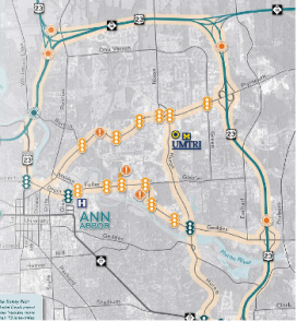 Safety Pilot Model Deployment Area in Ann Arbor, Michigan. (University of Michigan Transportation Research Institute image) Safety Pilot Model Deployment Area in Ann Arbor, Michigan.
