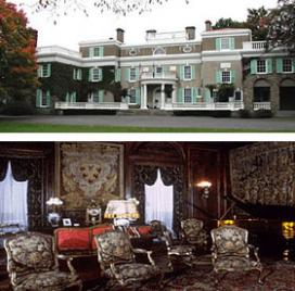Photograph of the exterior of the historic site above another photograph of a living room inside the historic site