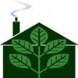There is a graphic illustration showing a house with green leaves superimposed on it.